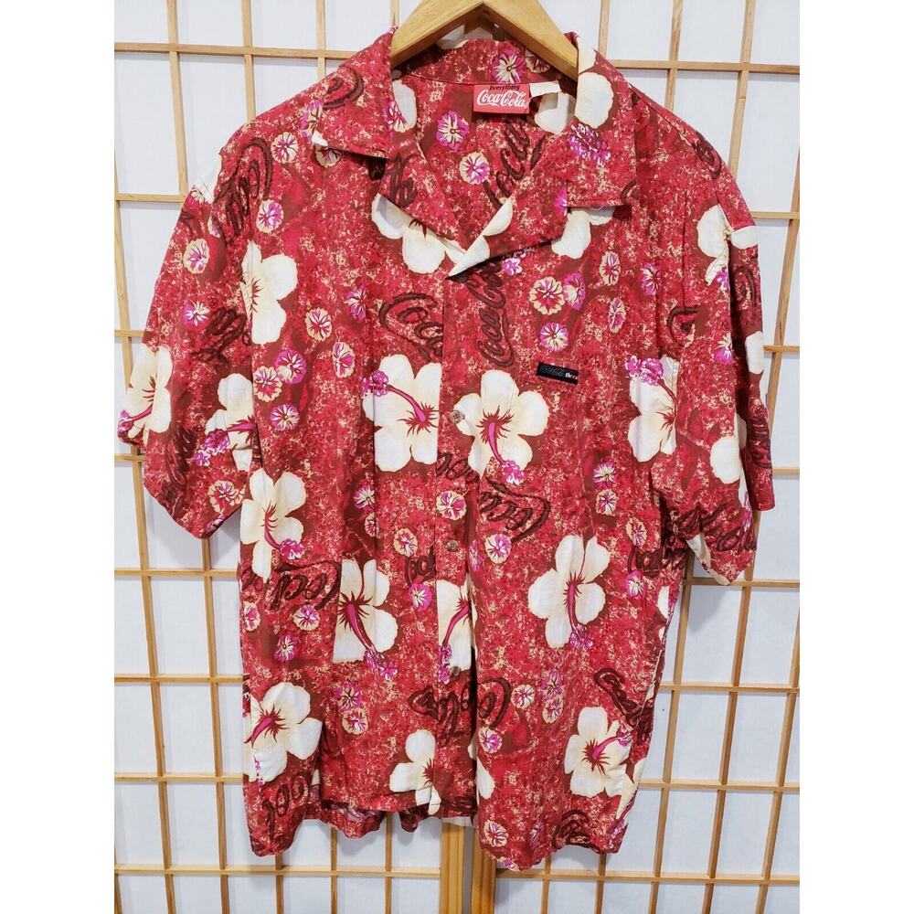 Vintage Everything Coca Cola Men's Hawaiian Shirt Red Floral Button Up - Size XL